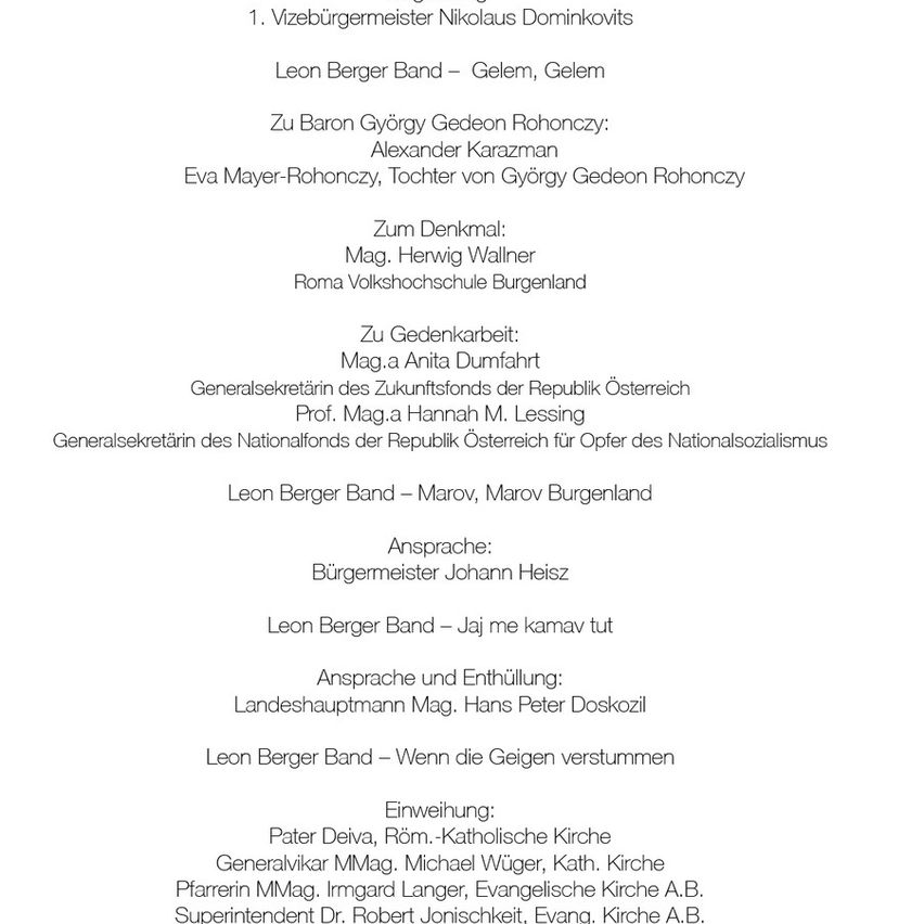 A memorial includes names like Nikolaus Dominikovits, Leon Berger Band, and others. It features music by Leon Berger Band and speeches by Johann Heisz. The event is dedicated to the memory of individuals like Mag. Herwig Wallner and honors the General Secretary of the Future Fund of the Republic of Austria.