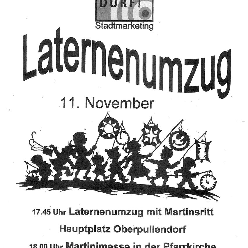 A flyer for a lantern procession event on November 11th. It features a children's procession with lanterns and the times for the procession and Martin's mass.