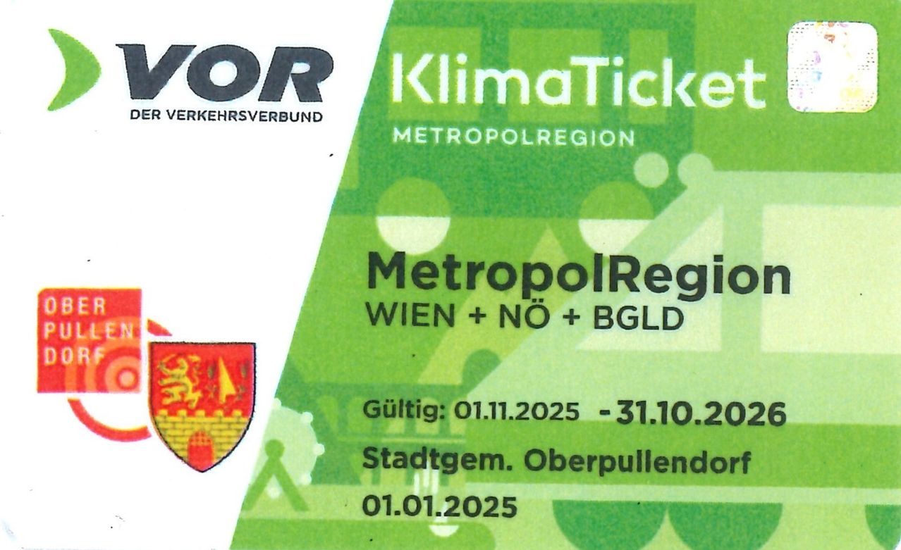 A KlimaTicket for the Metropolregion area, valid from 01.11.2025 to 31.10.2025, issued by Stadtgem. Oberpullendorf on 01.01.2025.