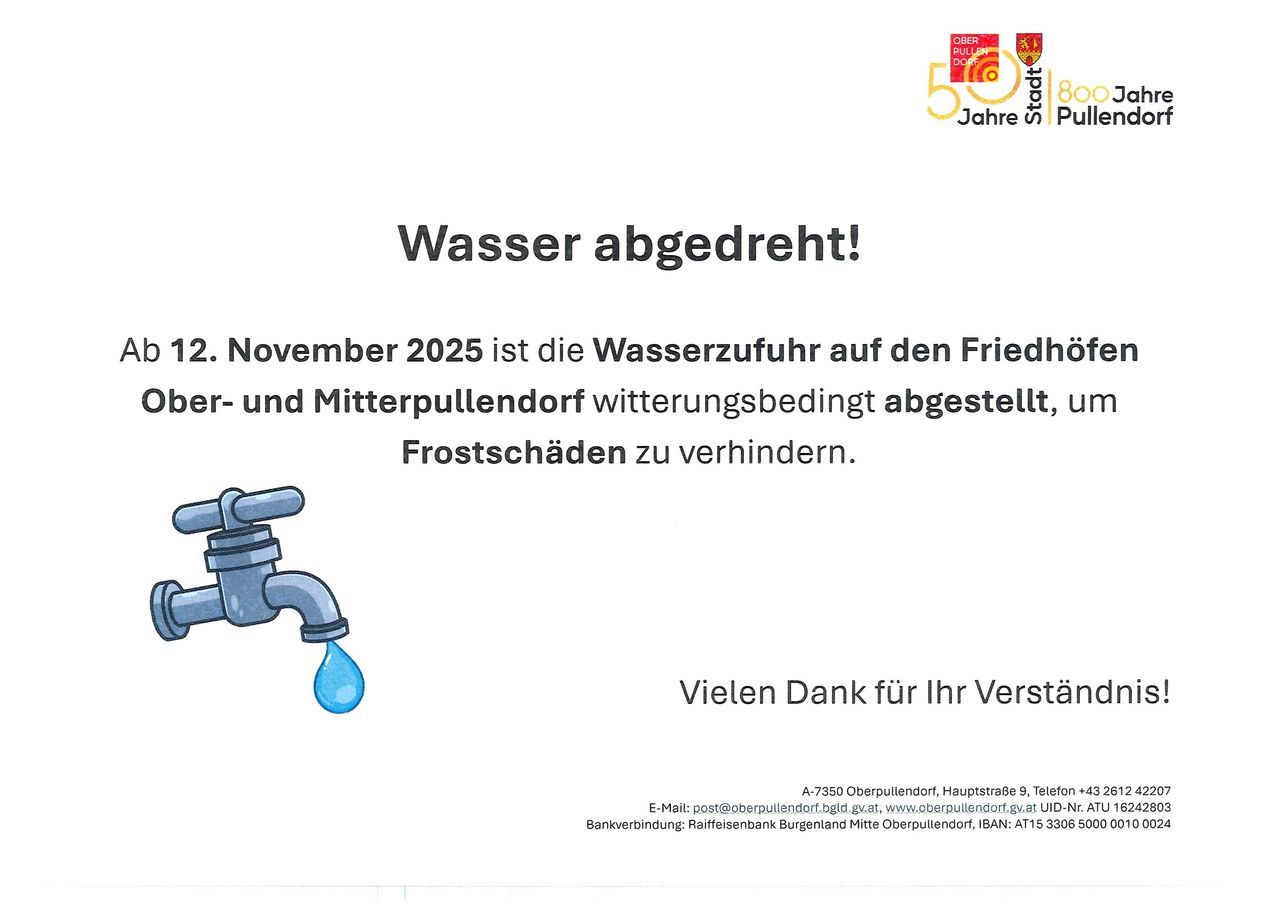 A poster with a blue water tap image and a text reading 'Water turned off!' and 'November 2, 2025, water supply to the cemetery and middle cemetery is weather-dependent'. A contact email address is also provided.