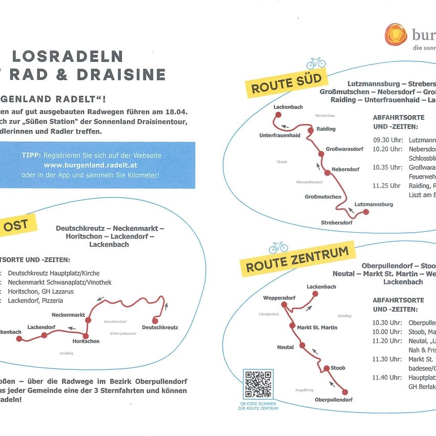 Losradeln Rad & Draisine Karte mit Routen in Burgenland, Treffpunkten, Zeiten und Orten. Registrierung auf Webseite oder App. Oberpullendorf-Stoos und Lutzmannsburg-Strebersdorf Routen. Beginn um 9:30 Uhr.