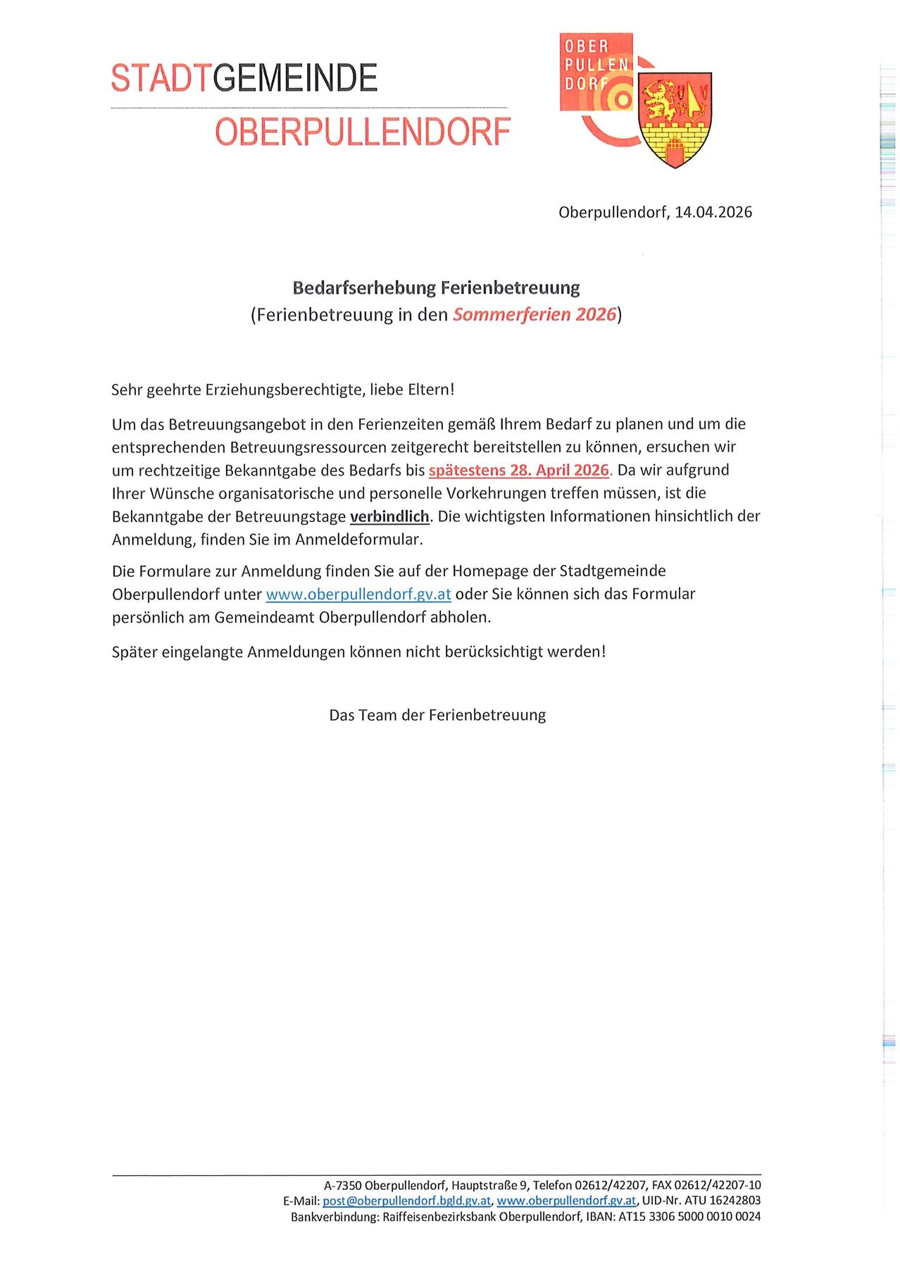 Mitteilung aus Oberpullendorf vom 14.04.2026 über den Ferienbetreuungsdienst. Eltern werden gebeten, die Betreuung rechtzeitig zu planen. Bis zum 28. April muss man sich anmelden. Wichtige Infos gibt es auf dem Anmeldeformular.