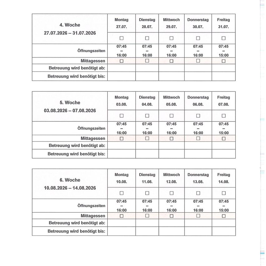 Das Bild zeigt eine Tabelle mit Daten für drei Wochen. Jede Zeile enthält Details zu Öffnungszeiten, Mittagspausen und ob Personal benötigt wird. Jede Woche erstreckt sich von Montag bis Freitag.
