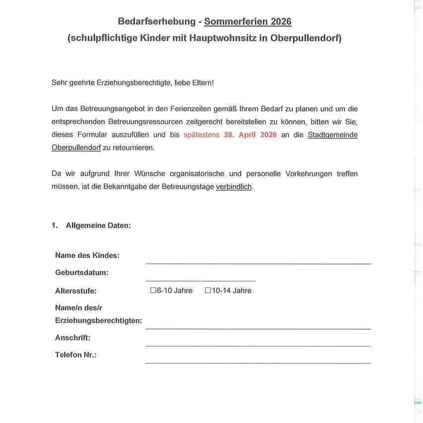 Dieses Formular erfragt Informationen über den Namen des Kindes, Geburtsdatum, Altersgruppe und Kontaktdaten für die Organisation der Kinderbetreuung während der Sommerferien 2026. Die Einreichungsfrist ist der 28. April 2026.