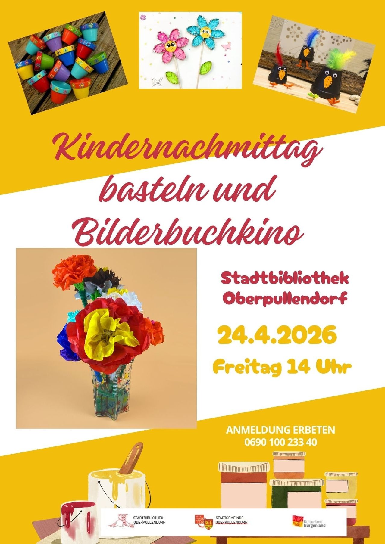Ein Poster bewirbt einen Kindernachmittag in der Stadtbibliothek Oberpullendorf. Das Event beinhaltet Basteln und Bilderbuchkino. Datum: 24.4.2026. Zeit: Freitag 14 Uhr.