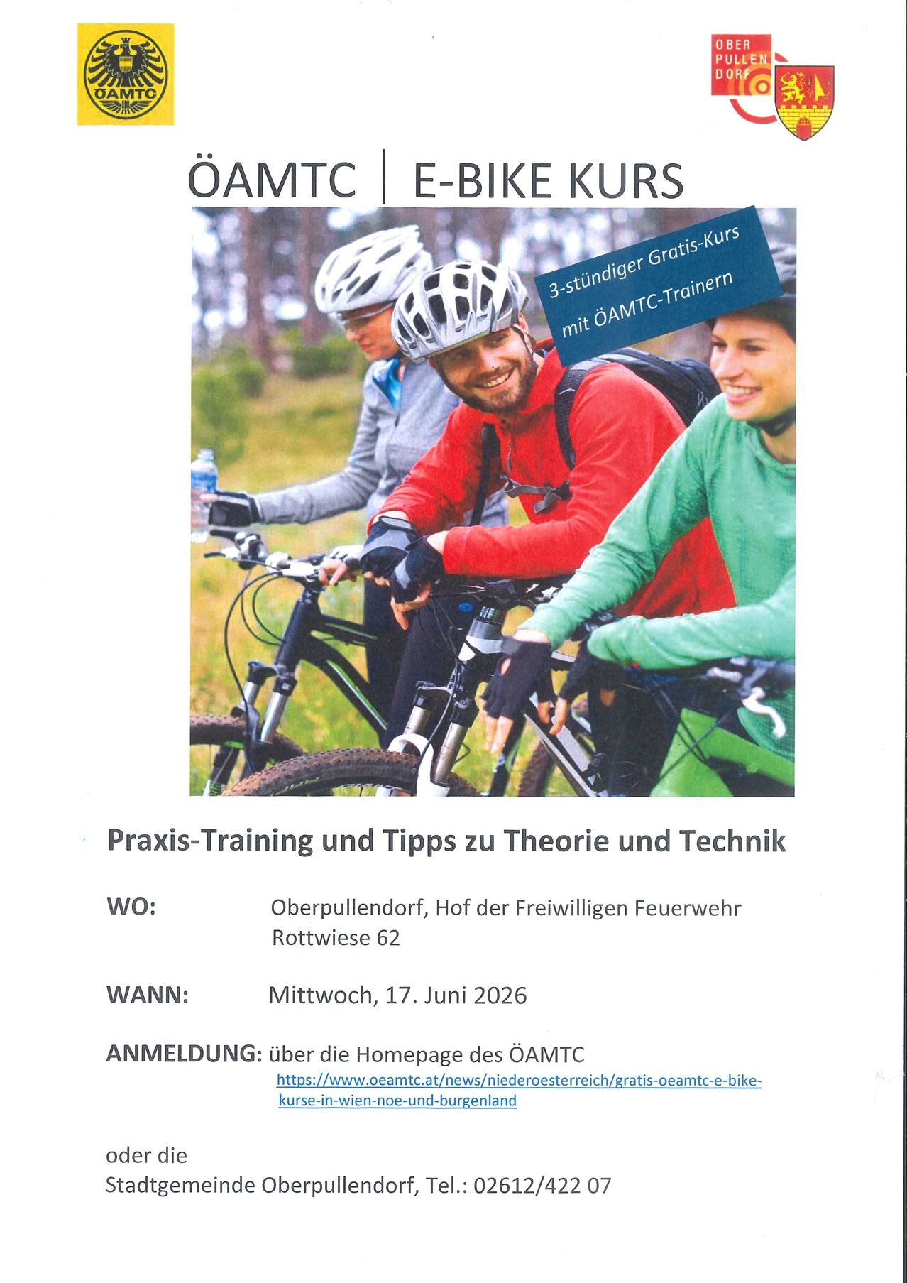 Drei Personen fahren auf einem offenen Feld mit Fahrrädern. Ein Text lautet: 3-tägiges kostenloses Training mit OAMTC-Trainer. Ort: Oberpullendorf. Datum: 17. Juni 2026. Anmeldung: über die OAMTC-Homepage.