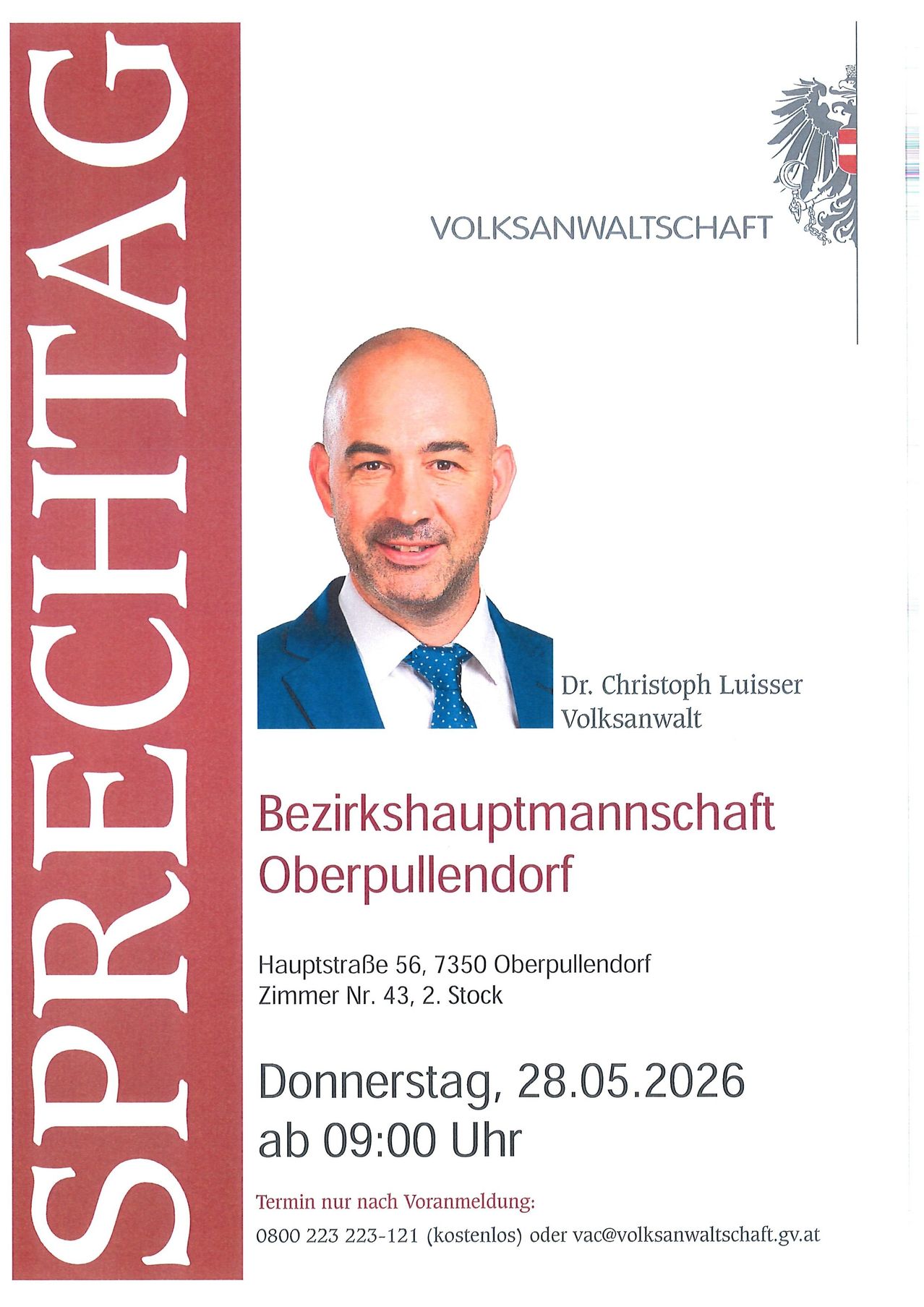 Das Bild zeigt eine Visitenkarte für Christoph Luisser, den Bezirkshauptmann von Oberpullendorf. Die Karte enthält sein Foto, Adresse und einen Veranstaltungstermin.