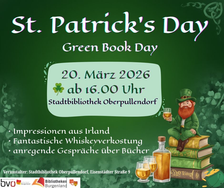 Ein Plakat für den grünen Buchtag zum St. Patrick's Day am 20. März 2026 ab 16:00 Uhr. Ein Kobold hält ein Glas Whiskey und sitzt auf Büchern mit einer Whiskeyflasche davor. Die Adresse der Bibliothek ist aufgeführt.