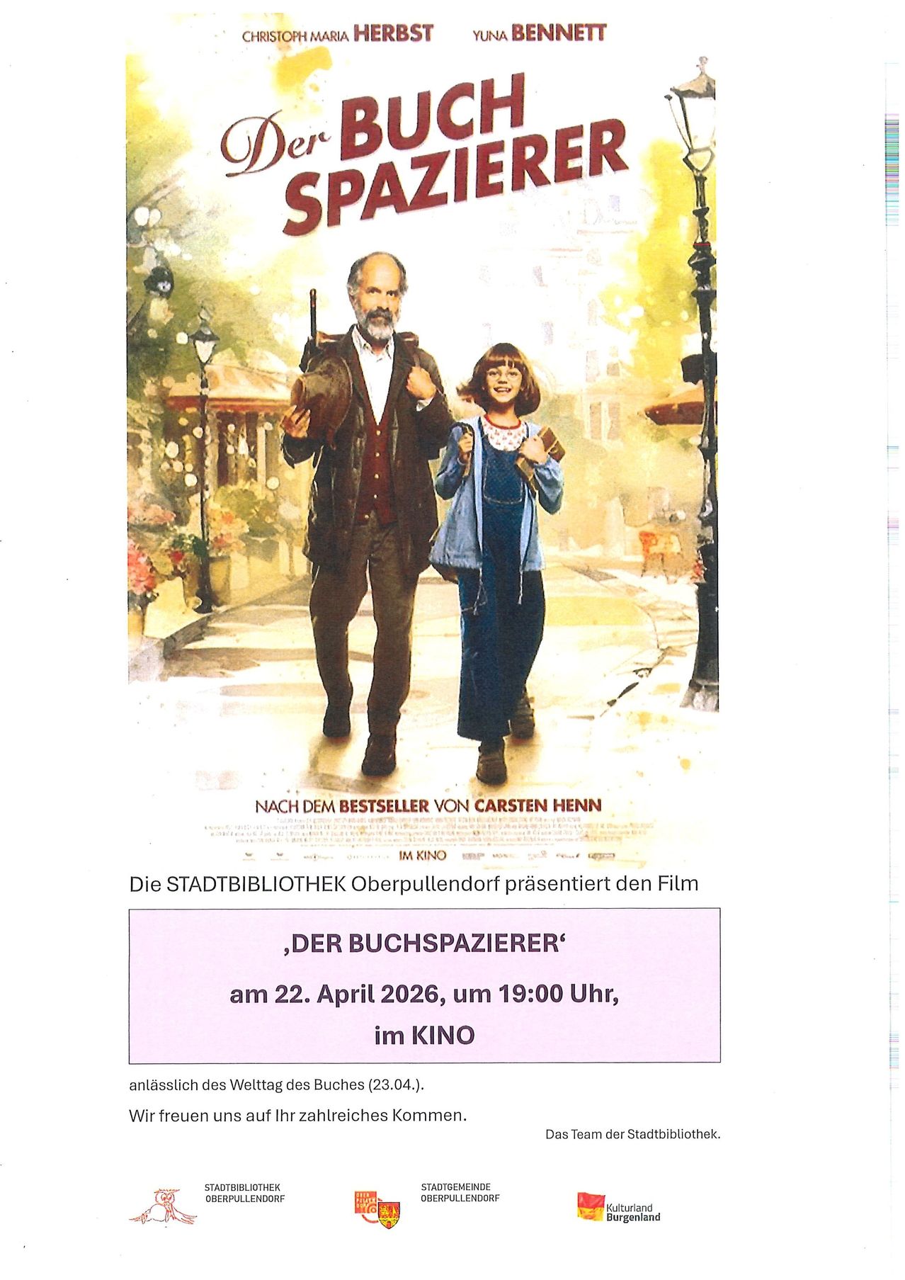 Filmplakat von 'Der Buchspazierer'. Es zeigt einen Mann und ein Mädchen, die gemeinsam spazieren gehen. Das Plakat beinhaltet auch die Präsentation durch die Stadtbibliothek Oberpullendorf und den Screening-Termin.