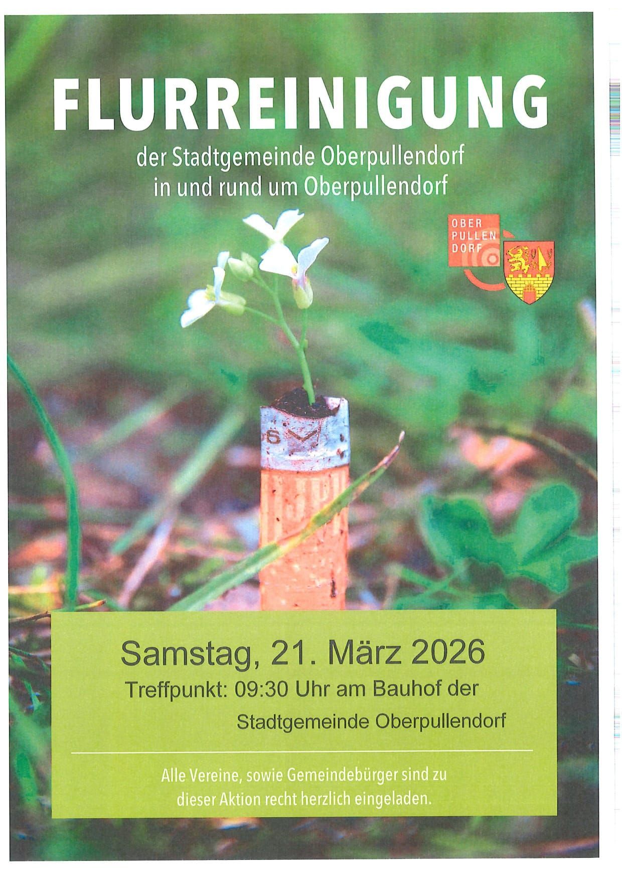 Plakat für eine Veranstaltung der Stadt Oberpullendorf. Eine weiße Blume sprießt aus einem Zigarettenstummel. Der Termin ist Samstag, 21. März 2026. Treffpunkt ist um 09:30 am Bahnhof.