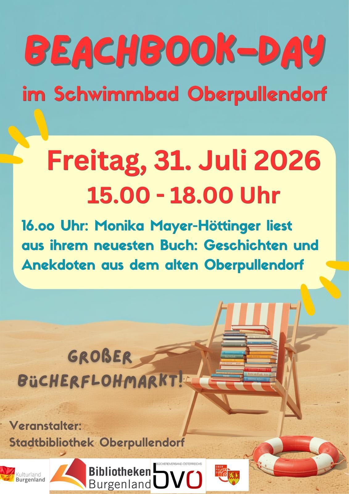 Ein Plakat für eine Veranstaltung im Schwimmbad Oberpullendorf am 31. Juli 2026 mit Monika Mayer-Höttinger, die aus ihrem Buch liest.