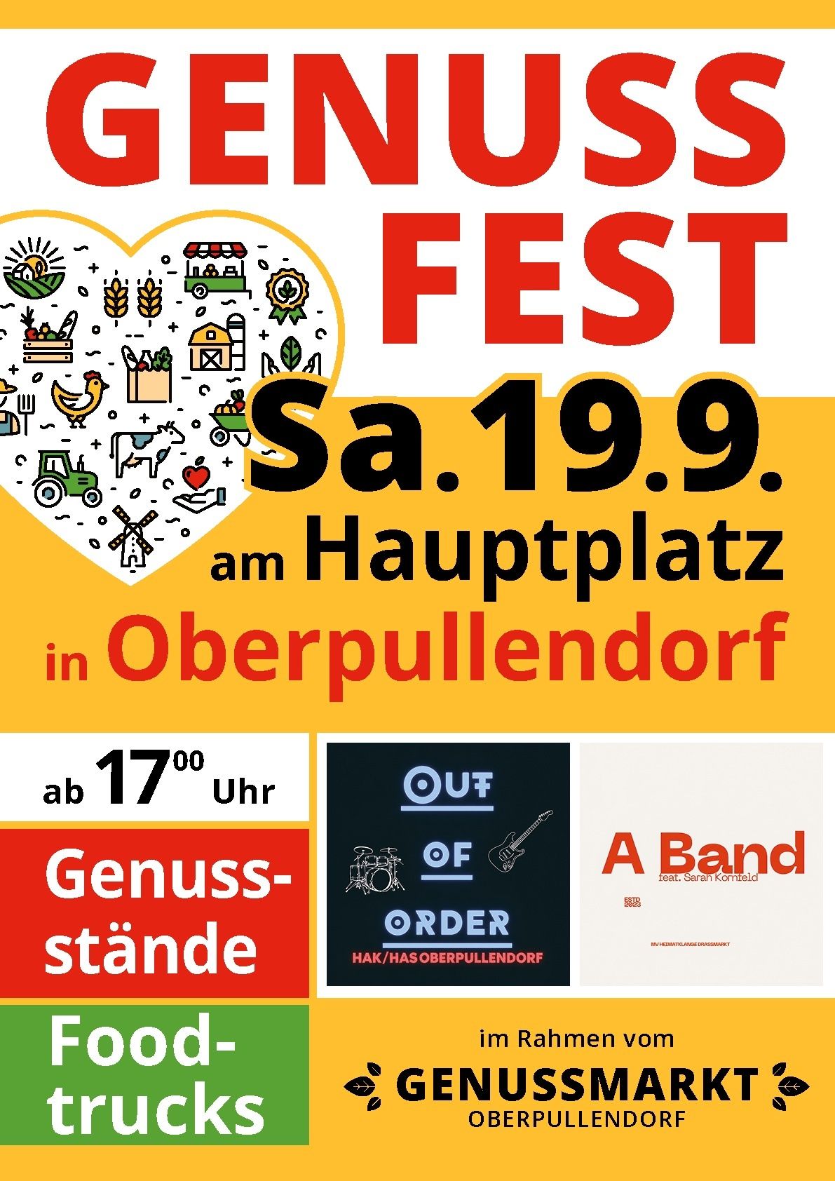 Plakat für ein Festival in Oberpullendorf am 19. September mit einem Herz voller Bauernhof-Ikonen, Bands und Essensständen. Die Veranstaltung beginnt um 17 Uhr.