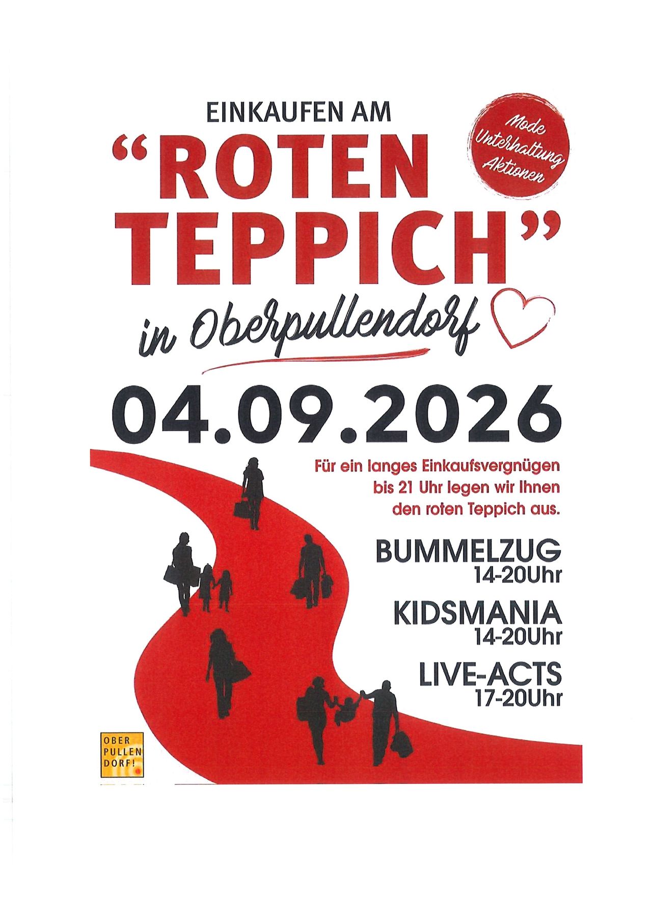 Plakat für die 'Roten Teppich' Veranstaltung in Oberpullendorf am 04.09.2026. Zeigt einen roten Teppich mit Silhouetten von Menschen, die gehen, sowie Veranstaltungsdetails und Zeiten.