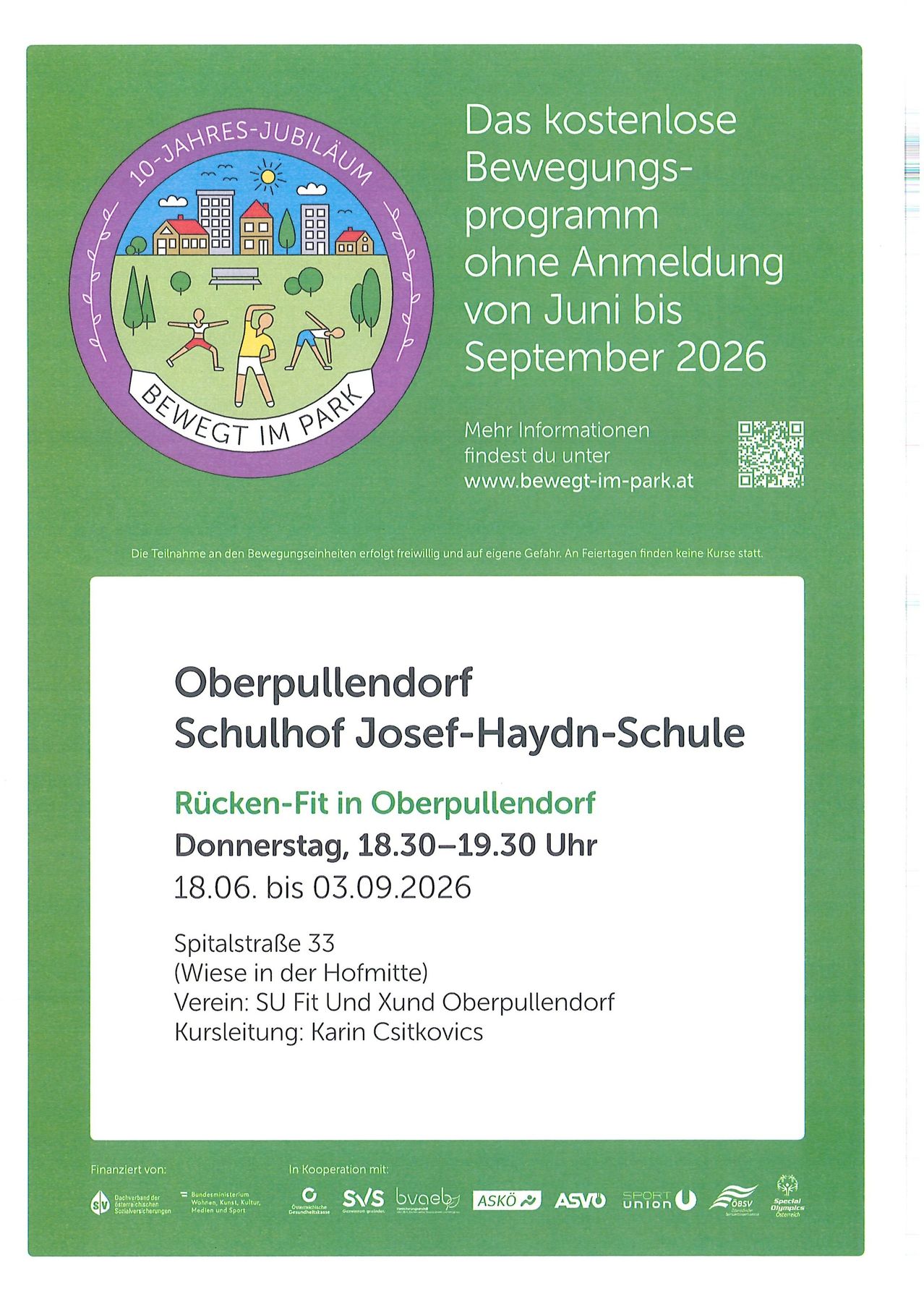 Ein Plakat für ein kostenloses Bewegungsprogramm in Oberpullendorf von Juni bis September 2026. Es zeigt ein Logo und Kontaktdaten. Das Programm findet in der Josef-Haydn-Schule statt, jeden Donnerstag von 18:30-19:30. Die Adresse ist Spitalstraße 33.