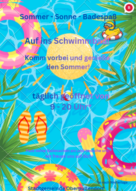 Ein Plakat für eine Sommer-Poolparty mit einer Gummiente, Flip-Flops und einer Sonne, mit dem Text 'Sommer - Sonne - Badespaß' und 'Komm vorbei und genieße den Sommer!' auf Deutsch.