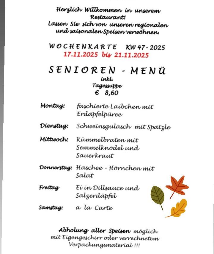 Weekly menu for the week of November 17-21, 2025. Includes a daily soup for 8.60 euros. Meals for seniors. Monday: Stuffed carp with potato puree. Tuesday: Pork roast with gravy. Wednesday: Caraway seeds with bread rolls and sauerkraut. Thursday: Horseradish and snails with salad. Friday: Egg in dill sauce and salt vegetables. Saturday: A la carte.