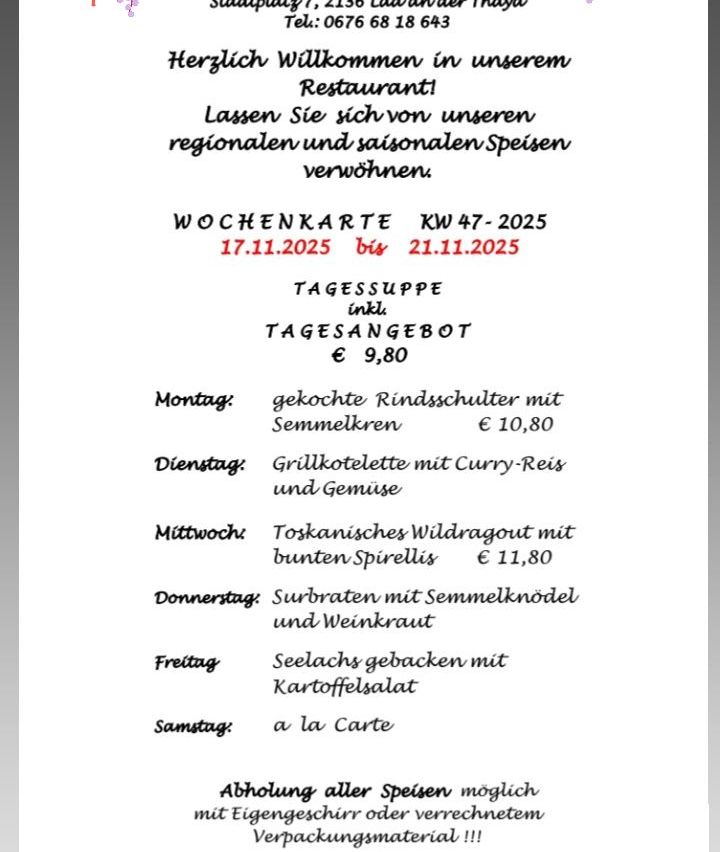 Weekly menu from November 17 to 21, 2025. Daily lunch special includes soup, €9.80. Monday: boiled beef cheeks with semolina, €10.80. Tuesday: grilled meatballs with curry rice and vegetables. Wednesday: Tuscan wild boar with red spiral pasta, €11.80. Thursday: stuffed cabbage with sauerkraut. Friday: sea bass baked with potato salad. Saturday: a la carte. All dishes can be ordered to go.