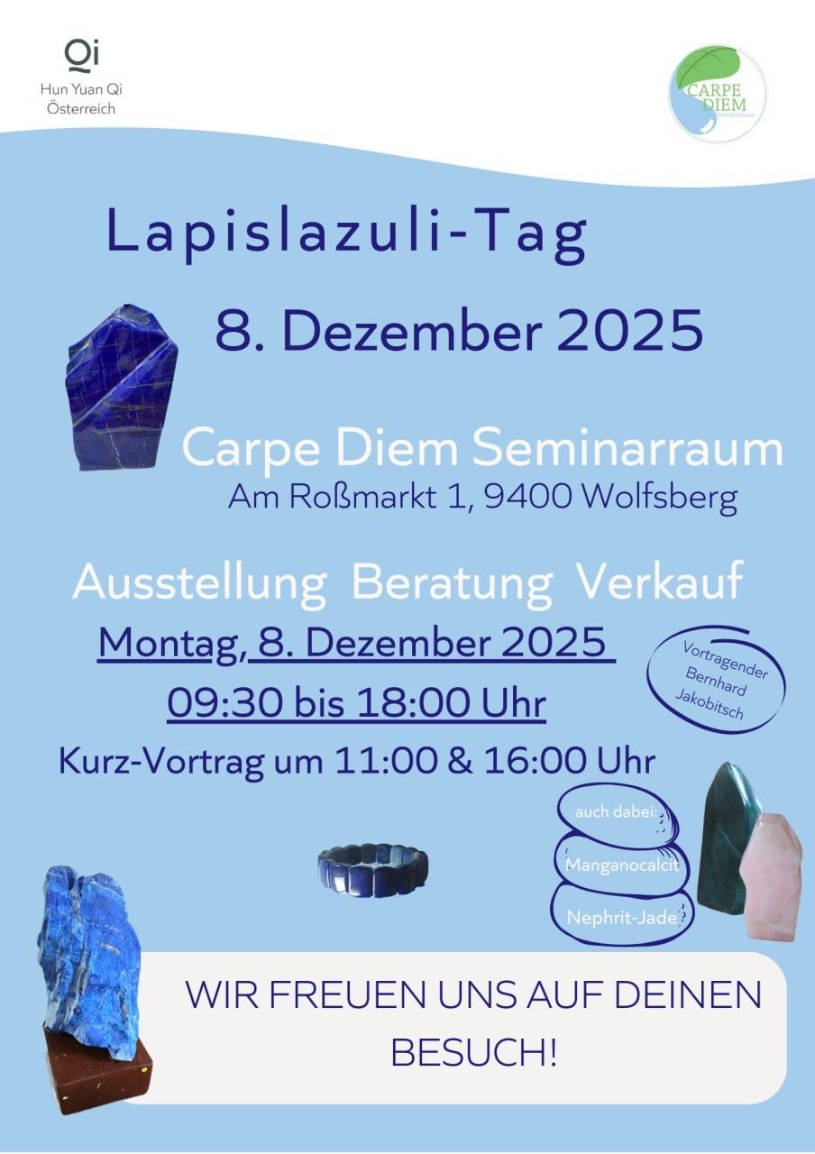 Ein Plakat für den Lapis Lazuli-Tag am 8. Dezember 2025 mit blauen Kristallen und Seminardetails.