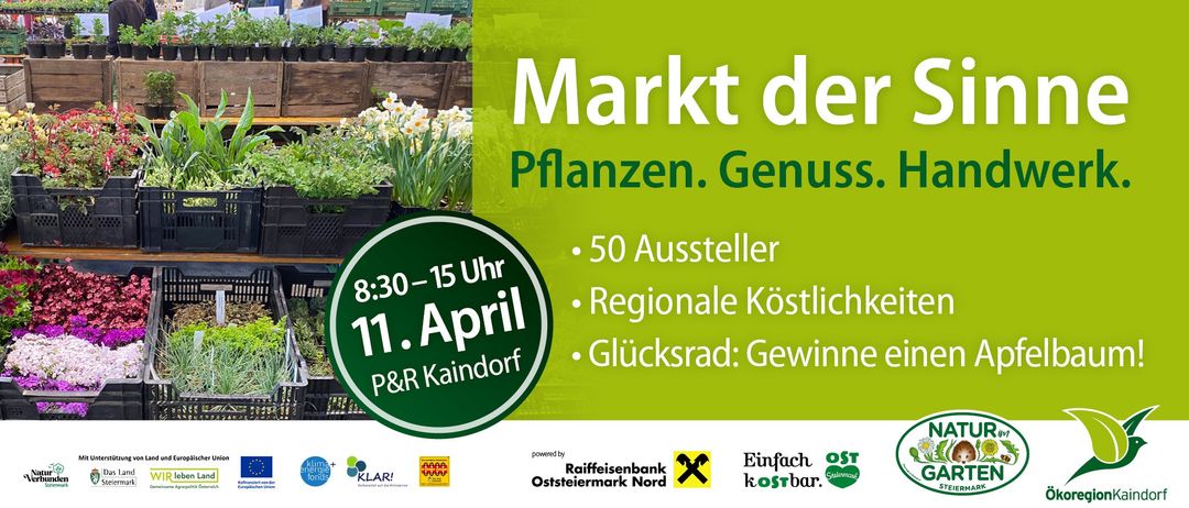 Pflanzenmarkt am 11. April, von 8:30 bis 15:00 Uhr. 50 Aussteller, regionale Köstlichkeiten, an Glücksrad: Gewinn in P&R Kaindorf.