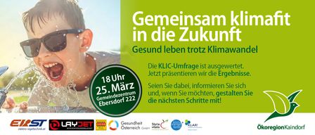 Werbeanzeige für eine KLIC-Umfragepräsentation über gesundes Leben trotz Klimawandel, geplant für 18 Uhr am 25. März im Gemeindezentrum Ebersdorf. Logos verschiedener Organisationen werden angezeigt.