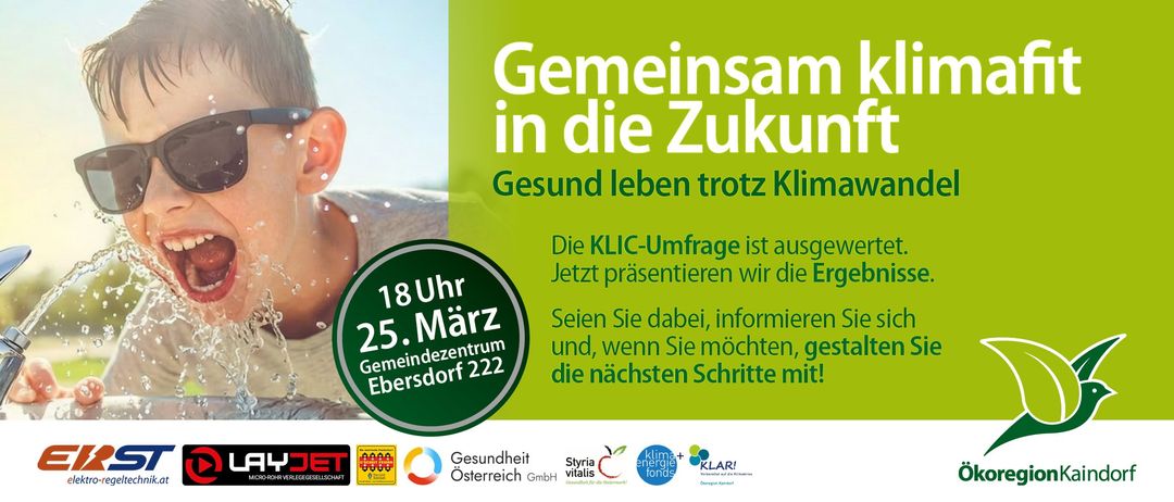 Werbeanzeige für eine KLIC-Umfragepräsentation über gesundes Leben trotz Klimawandel, geplant für 18 Uhr am 25. März im Gemeindezentrum Ebersdorf. Logos verschiedener Organisationen werden angezeigt.