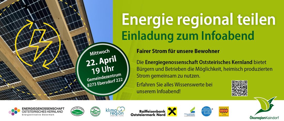 Eine Werbung für Energie Region lädt zu einer Gemeinschaftsveranstaltung am 22. April um 19 Uhr im Gemeindezentrum, Ebersdorf 8273 ein. Es zeigt Solarmodule und Logos.