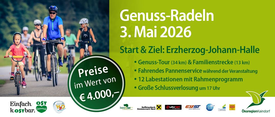 Genuss-Rad-Tour am 3. Mai 2026, Start und Ziel: Erzherzog. 34 km Fahrt mit 12 Raststationen. Großer Preis von 4.000 Euro.