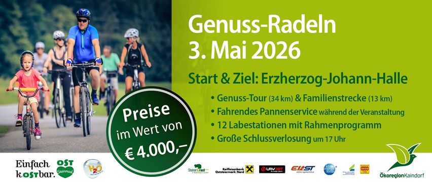 Genuss-Rad-Tour am 3. Mai 2026, Start und Ziel: Erzherzog. 34 km Fahrt mit 12 Raststationen. Großer Preis von 4.000 Euro.