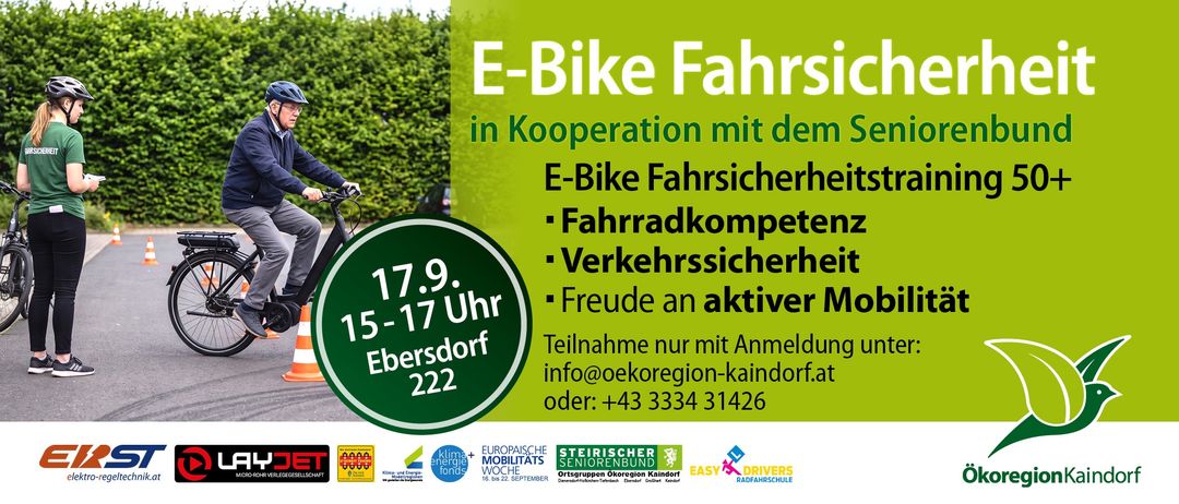 Ein Werbeplakat für eine E-Bike-Veranstaltung in Ebersdorf, Deutschland. Das Event findet am 17. September von 15 Uhr bis 17 Uhr statt. Anmeldung erforderlich. Kontakt info@oeregion-kainsdorf.at oder +43 3334 31426.