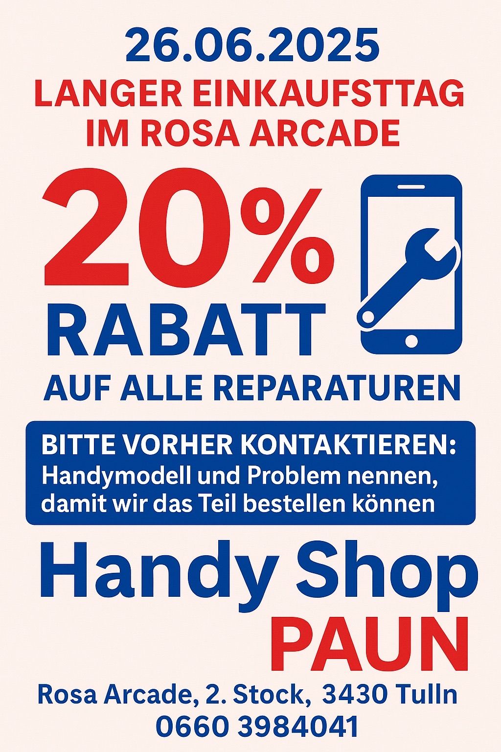 Ein Plakat bewirbt einen 20% Rabatt auf alle Reparaturen im Rosa Arcade. Ein Telefon mit Schraubenschlüssel-Symbol ist abgebildet, und das Plakat bittet um Kontaktaufnahme mit Handymodell und Problem, um Teile bestellen zu können.
