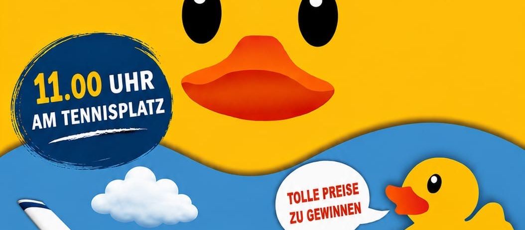 Plakat für eine Veranstaltung mit dem Titel 'ENTENRENNEN' am Sonntag, 13. September. Es zeigt eine gelbe Ente, ein Flugzeug und einen Tennisplatz. Die Veranstaltung beginnt um 11:00 Uhr.