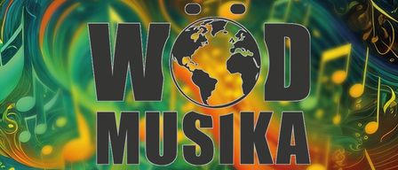 Ein Bild mit einem farbenfrohen Hintergrund und musikalischen Noten. Das Wort 'WORLD' ist in fetten schwarzen Buchstaben angezeigt, mit einem Globus, der die Welt symbolisiert. Darunter folgt das Wort 'MUSIKA', ebenfalls in fetten schwarzen Buchstaben.