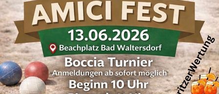 Plakat für das Amici Fest am Bad Waltersdorf Beachplatz am 13.06.2026. Mit Boccia-Spielen, Getränken und Pizza. Beginn um 10 Uhr, Pizza ab 11 Uhr. QR-Code zur Anmeldung.