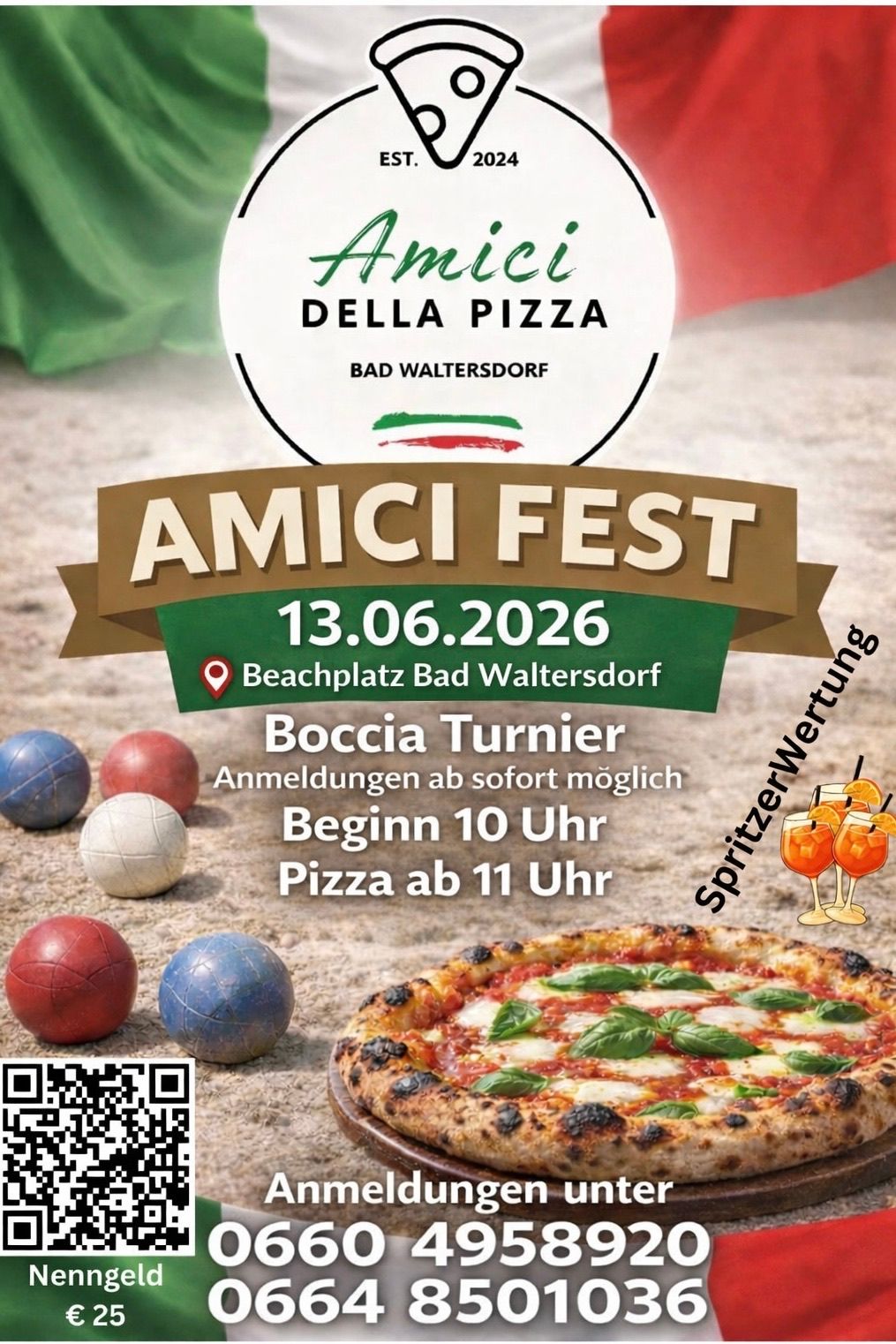 Plakat für Amici Fest am 13.06.2026 auf dem Beachplatz Bad Waltersdorf. Boccia-Turnier beginnt um 10 Uhr, Pizza um 11 Uhr. Mit Boccia-Kugeln und einer Pizza. QR-Code enthalten.
