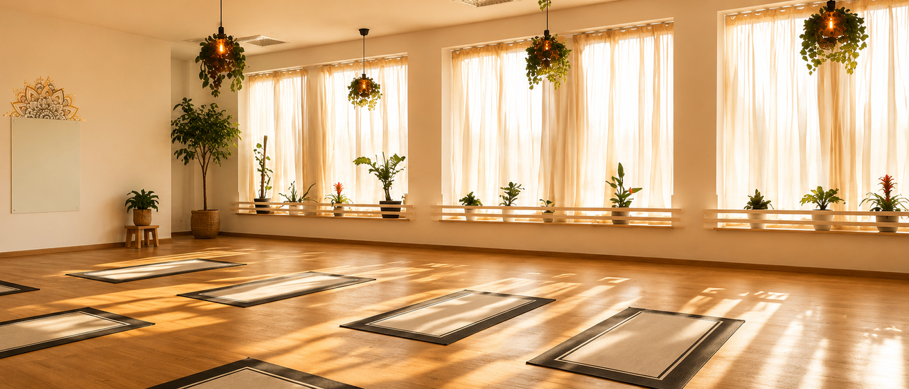 A yoga studio with wooden floors, hanging plants, and three yoga mats. Windows with curtains allow sunlight.