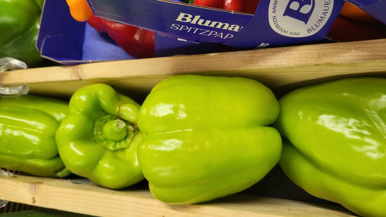 Close-up of green bell peppers in a wooden crate, with a blue box labeled 'Blum Spitzpap' in the background.