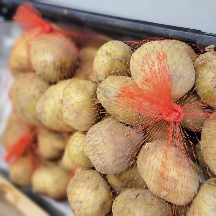 A close-up of a bunch of potatoes in a red net, stacked in a container. The potatoes are yellow with a few brown spots.