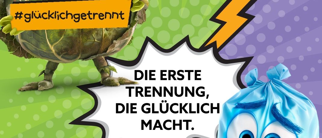 Eine Werbung zeigt einen lächelnden Cartoon-Kohl, der ein Schild mit der Aufschrift #glücklichgetrennt hält, mit einem blauen Beutel, der als erste erfolgreiche Trennung gekennzeichnet ist.