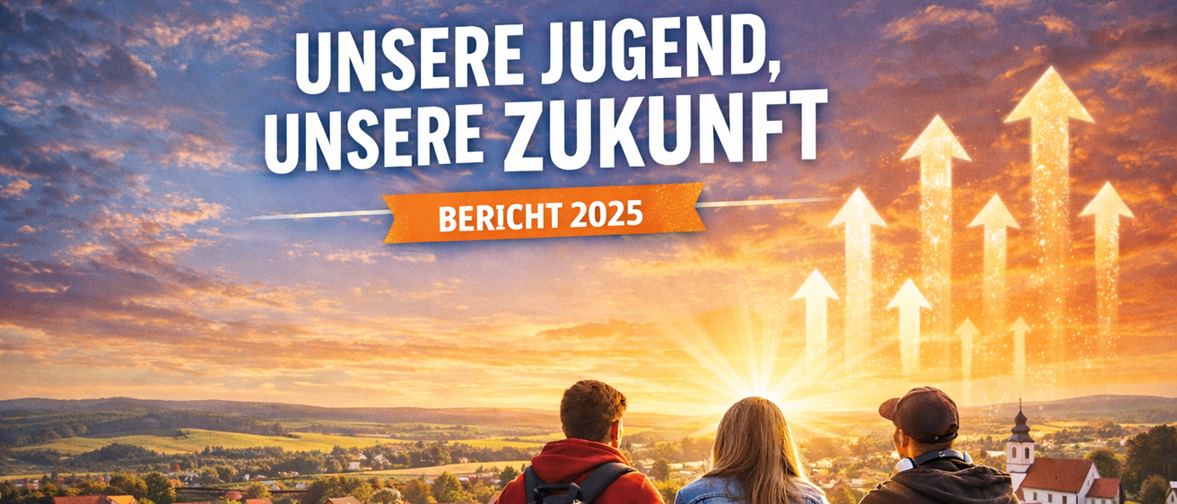 Drei junge Personen sitzen auf einer Betonmauer unter einem Sonnenuntergangshimmel und blicken nach vorne. Der Text 'UNSERE JUGEND, UNSERE ZUKUNFT' und 'BERICHT 2025' sind prominent angezeigt.