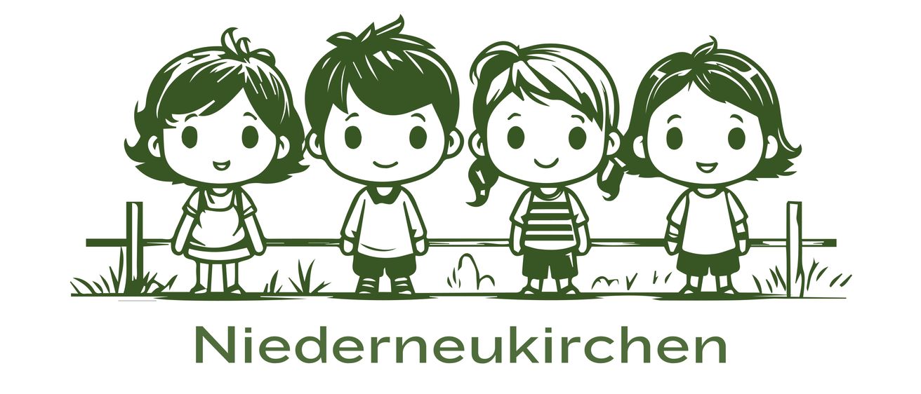 Eine Illustration von vier Kindern, die in einer Reihe stehen, mit dem Text 'Krabblestube/ Kindergarten Niederneukirchen' darüber. Die Kinder lächeln.