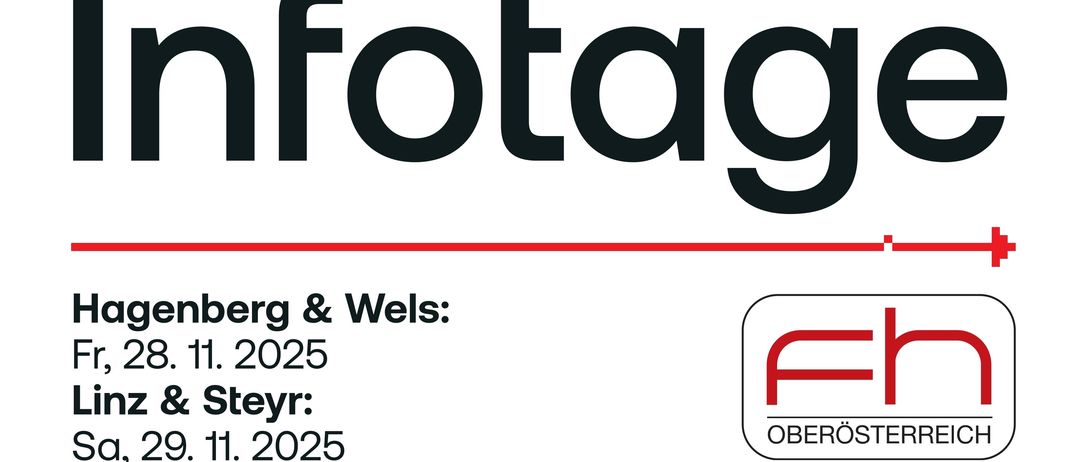 Veranstaltungsplakat für Hagenberg und Wels am Fr, 28.11.2025, und Linz und Steyr am Sa, 29.11.2025, mit Pixel-Kunst von Schuhen. Das Logo von Oberosterreich ist abgebildet. Webseite: fh-ooe.at.