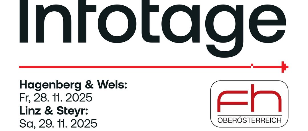 Eine Ankündigung für Hagenberg & Wels am Fr, 28.11.2025, und Linz & Steyr am Sa, 29.11.2025. Die Veranstaltung zeigt eine Pixel-Kunst-Illustration von Schuhen. Die Webseite ist fh-ooe.at.