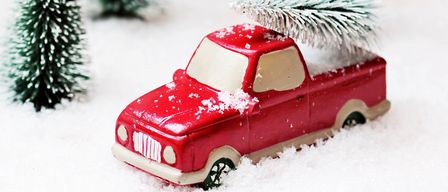 Ein roter Spielzeug-LKW, der einen kleinen Weihnachtsbaum auf dem Dach trägt, mit Schnee auf dem Baum und dem LKW, umgeben von verschneiten Bäumen.