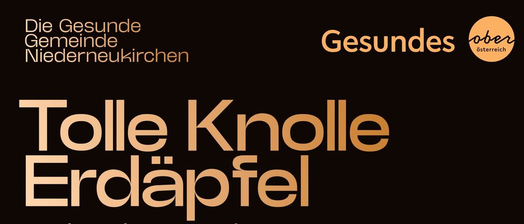 Ein Plakat mit einer Kartoffel mit dem Titel 'Tolle Knolle Erdäpfel'. Unter dem Titel steht 'Kulinarische Vielfalt und Bedeutung für die Ernährung'. Unter dem Kartoffelbild steht 'Kochkurs' mit Angaben zum Datum, zur Zeit, zum Ort und zu den Kosten der Veranstaltung.