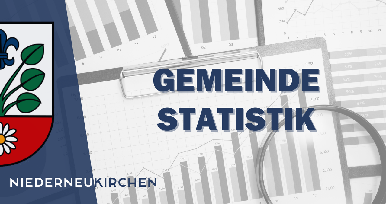 Eine Grafik mit 'Gemeinde Statistik' oben. Darunter befinden sich verschiedene Zahlen und Grafiken. Der Hintergrund ist weiß mit einem Rastermuster, und es gibt einige Dokumente im Hintergrund.