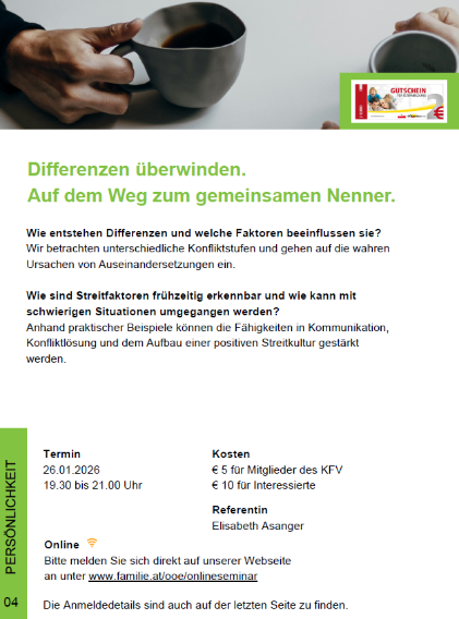 Ein Bild von einer Person, die eine Tasse Kaffee hält, mit einem Textüberlagerung, der sich mit dem Überwinden von Unterschieden und der Bedeutung von Kommunikation, Konfliktlösung und einer positiven Konfliktkultur befasst. Es enthält Datum, Uhrzeit, Kosten und eine Registrierungsverknüpfung für ein Seminar.