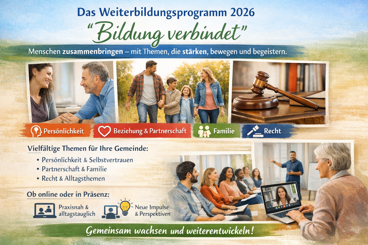 Plakat für das Weiterbildungsprogramm 2026 'Bildung verbindet'. Es zeigt verschiedene Gruppen von Menschen, Symbole wie Herz, Familie und Richtergabelse sowie Themen wie Beziehung, Familie, Recht und Alltagsthemen. Es fördert persönliches und gemeinschaftliches Wachstum.