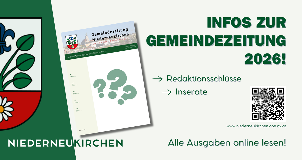 Das Bild zeigt das Cover einer Gemeindezeitung mit einem Fragezeichen-Symbol, einer Website-Adresse und einem Aufruf zur Einfügung von Anzeigen. Die Überschrift lautet 'INFO GEMEINDE'.