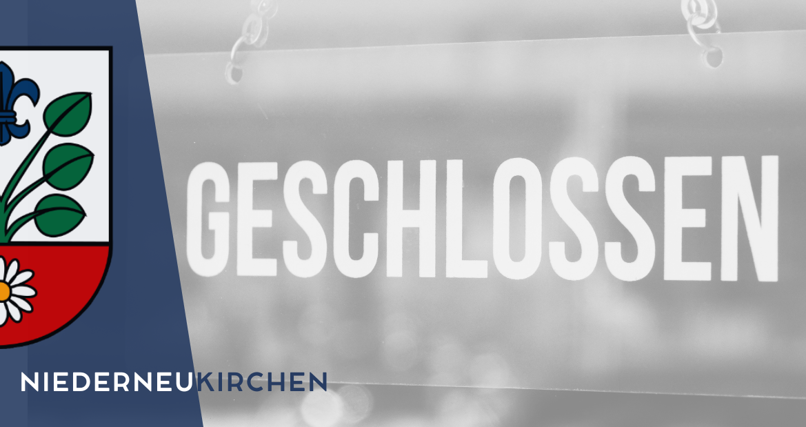 Schwarz-Weiß-Bild eines Schildes mit dem Wort 'Geschloss' in großen weißen Buchstaben auf einem grauen Hintergrund mit einem blauen Rand darunter.