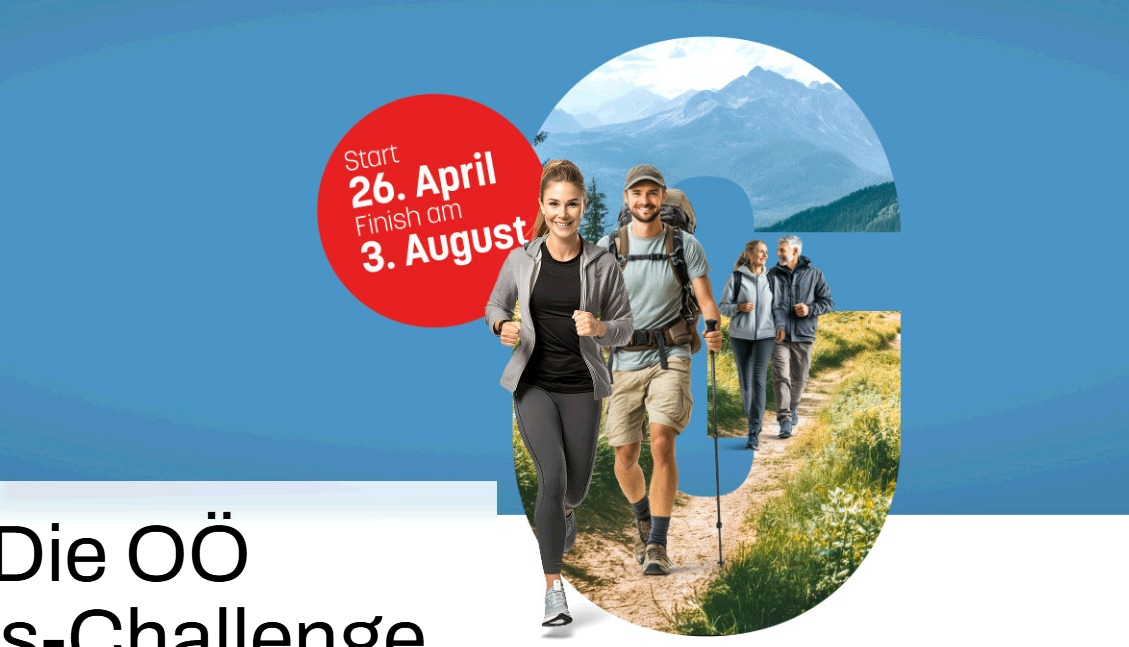 Ein Marathon-Event mit dem Starttermin am 26. April und dem Endtermin am 3. August. Ein Bild einer Frau, die läuft, und eines Mannes mit Rucksack, der auf einem Pfad geht.